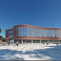 Red Brick School Building With Curved Design And Large Glass Windows Featuring Students On Campus