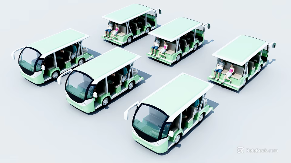 Light Green Modern Small Buses Interior With Passengers And White Roofs 3d model 
