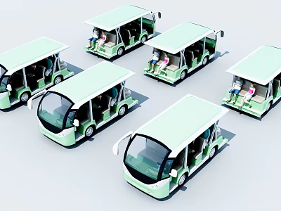 Light Green Modern Small Buses Interior With Passengers And White Roofs 3d model