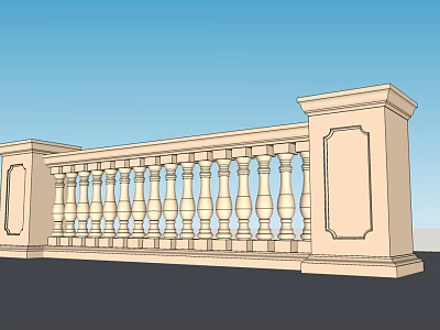 Decorative Stone Railing With Ornate Columns And Classic Balusters Against Blue Sky 3d model