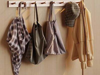 Stylish Plaid Bags Coat and Hat on Wooden Wall Hooks in Entryway 3d model