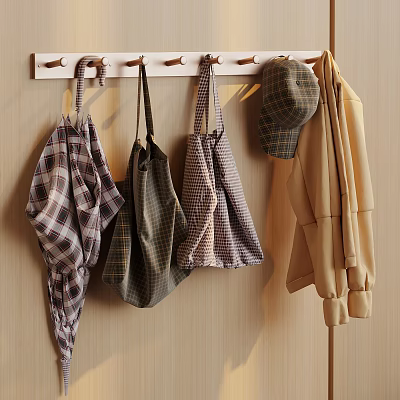 Stylish Plaid Bags Coat and Hat on Wooden Wall Hooks in Entryway 3d model