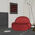 Red Single Sofa Living Room with Circular Wall Art Floor Lamp and Side Table