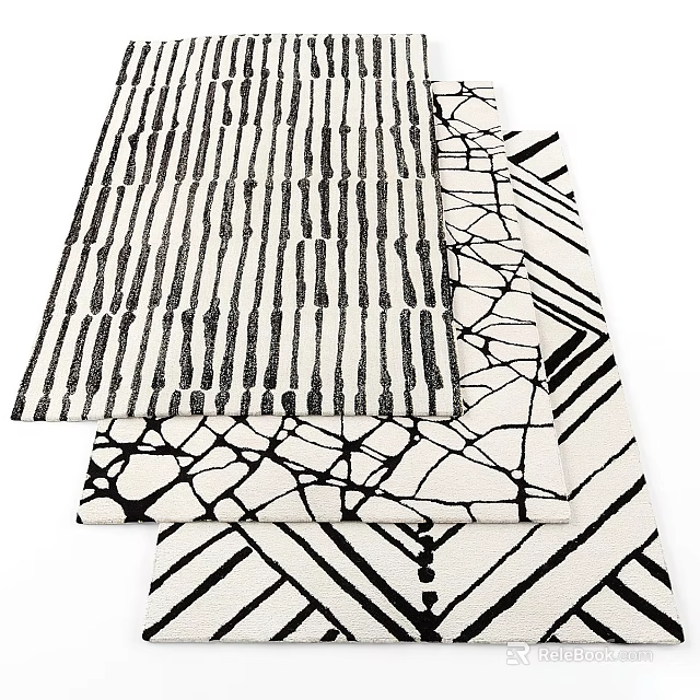 Stylish Square Rug With Black And White Geometric Patterns And Lines 3d model 