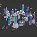 Futuristic Modern City Buildings 3D Model Featuring Blue Purple Lighting Effects