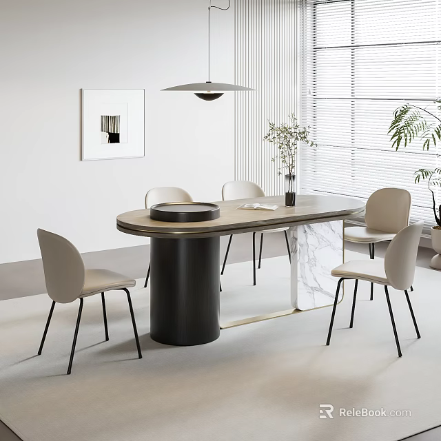 Modern Dining Table Set With Oval Wooden Top Black Cylindrical Base Four Light Colored Chairs 3d model