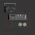 Dark Brown Wooden Audio Equipment Stand With Radio And Control Panel On Shelf
