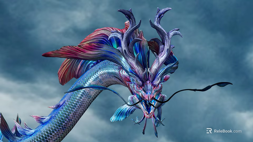 Colorful Dragon Sculpture With Intricate Horns And Feather Like Details In Sky 3d model 