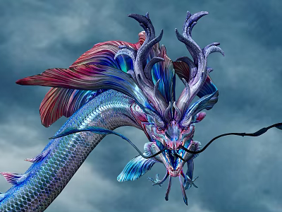Colorful Dragon Sculpture With Intricate Horns And Feather Like Details In Sky 3d model