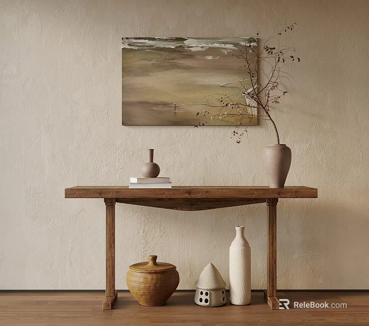 Natural Wooden Console Table with Wall Painting Decorative Vases and Ornaments 3d model 