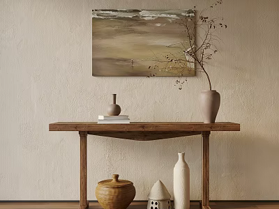 Natural Wooden Console Table with Wall Painting Decorative Vases and Ornaments 3d model