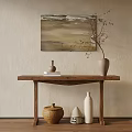 Natural Wooden Console Table with Wall Painting Decorative Vases and Ornaments