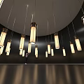 Art Installation Featuring Glowing Long Hanging Lamps And Person In Dark Interior Space