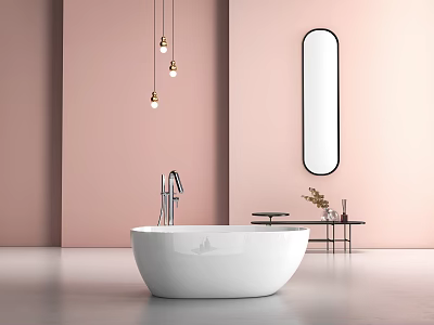 White Freestanding Bathtub In Modern Bathroom With Pink Wall Hanging Pendant Lights And Oval Mirror 3d model