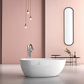 White Freestanding Bathtub In Modern Bathroom With Pink Wall Hanging Pendant Lights And Oval Mirror