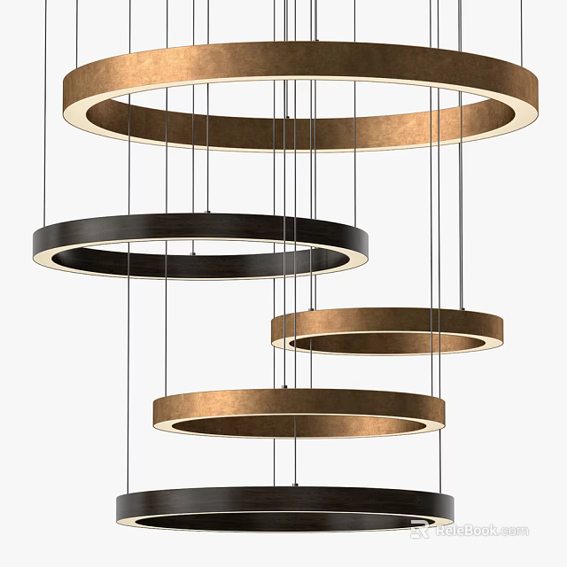 Modern Multi Ring Hanging Chandelier With Gold And Black Circular Layers 3d model