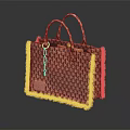 Brown And Beige Woven Tote Bag With Fringed Edges And Leather Patch
