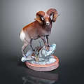 Artistic Detailed Ram Sculpture With Large Curved Horns Standing On Rock Base