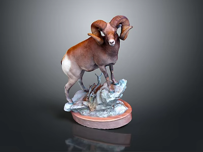 Artistic Detailed Ram Sculpture With Large Curved Horns Standing On Rock Base 3d model