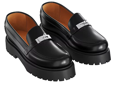 Fashionable Black Leather Loafers with Thick Sole and Metal Buckle Design 3d model