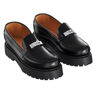 Fashionable Black Leather Loafers with Thick Sole and Metal Buckle Design 3d model