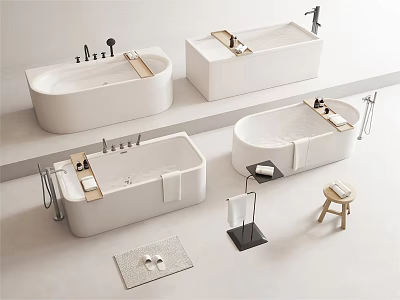 Modern White Bathtubs Interior Display With Faucets Towels Stool And Bath Mat 3d model