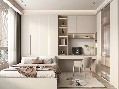 Modern Tatami Bedroom Interior Design With Tatami Bed Desk Chair And White Cabinets 3d model