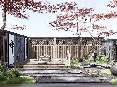 Zen Japanese Garden Courtyard With Wooden Deck Latticed Fence Red Leaf Trees And Stone Lantern 3d model