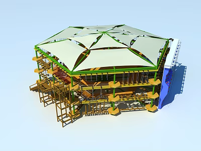 Outdoor Playground Equipment With Multi level Platforms Wooden Frames Green Supports And White Canopy 3d model