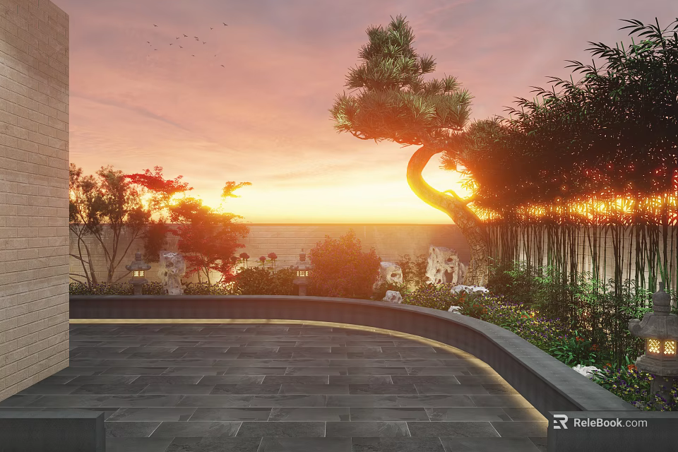 Roof Garden Scenic Sunset View with Lush Green Plants and Stone Flooring 3d model 