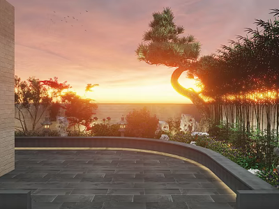 Roof Garden Scenic Sunset View with Lush Green Plants and Stone Flooring 3d model