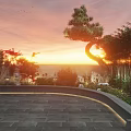 Roof Garden Scenic Sunset View with Lush Green Plants and Stone Flooring
