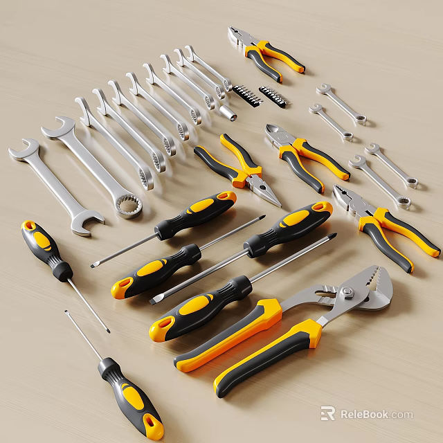 Collection Of Hand Tools With Wrenches Screwdrivers Pliers On Beige Surface 3d model 