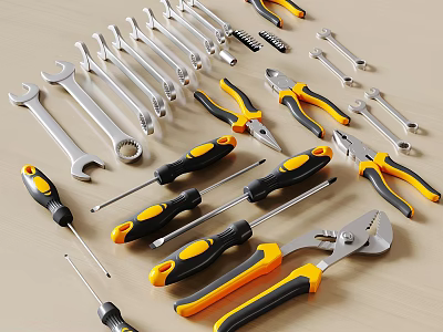 Collection Of Hand Tools With Wrenches Screwdrivers Pliers On Beige Surface 3d model