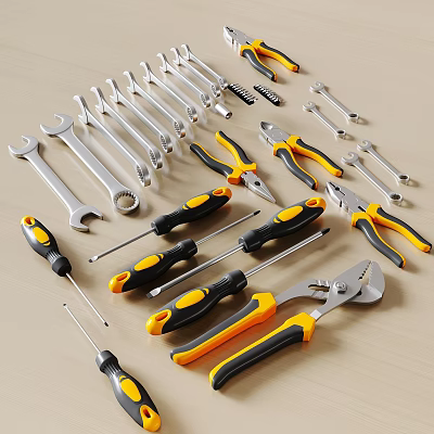 Collection Of Hand Tools With Wrenches Screwdrivers Pliers On Beige Surface 3d model