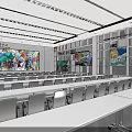 Modern School Multipurpose Hall Featuring Colorful Wall Art White Tables Chairs And Bookshelves