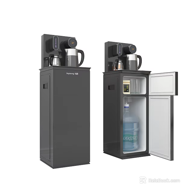 Modern Black Household Electrical Appliance With Storage Cabinet Open Door And Water Bottle 3d model 