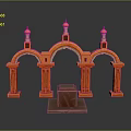 Scenic Red Arched Architecture With Golden Spires Stone Steps And Reflective Surface