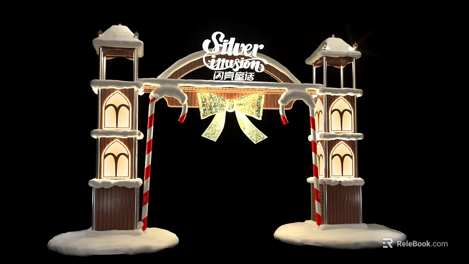 Silver Christmas Event Archway with Snowy Towers Bow and Red White Stripes 3d model 
