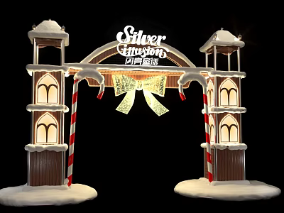 Silver Christmas Event Archway with Snowy Towers Bow and Red White Stripes 3d model