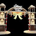 Silver Christmas Event Archway with Snowy Towers Bow and Red White Stripes