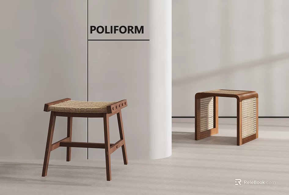 POLIFORM Modern Minimalist Wooden Stools With Rattan Seat And Frame Design 3d model 