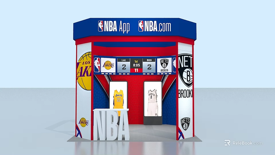 NBA App NBA.com Booth Display With Lakers Nets Jerseys And Team Logos 3d model 