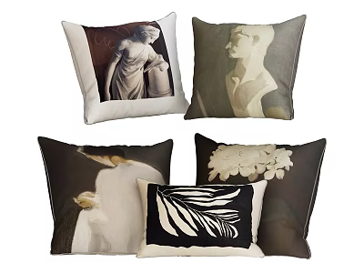 Artistic Decorative Throw Pillows With Sculpture Floral Leaf Prints In Black White Tones 3d model