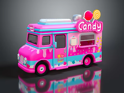 Pink Candy Truck With Playful Lollipop Decorations On Top And Colorful Details 3d model