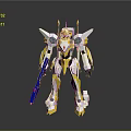 Game And Movie Character Mechanical Robot Design With Yellow White Armor And Blue Weapon 3d model