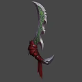 Ornate Weapon With Green Patterns Silver Blade Red Cloth Wrapped Handle And Decorative Design
