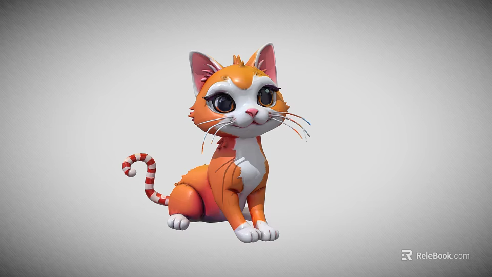 Adorable Cartoon Orange And White Cat With Striped Tail Sitting Pose Big Eyes 3d model 