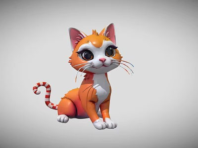 Adorable Cartoon Orange And White Cat With Striped Tail Sitting Pose Big Eyes 3d model