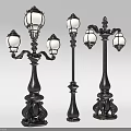 Classic Black Outdoor Lights With Multiple Lamp Heads And Ornate Carved Lamp Posts